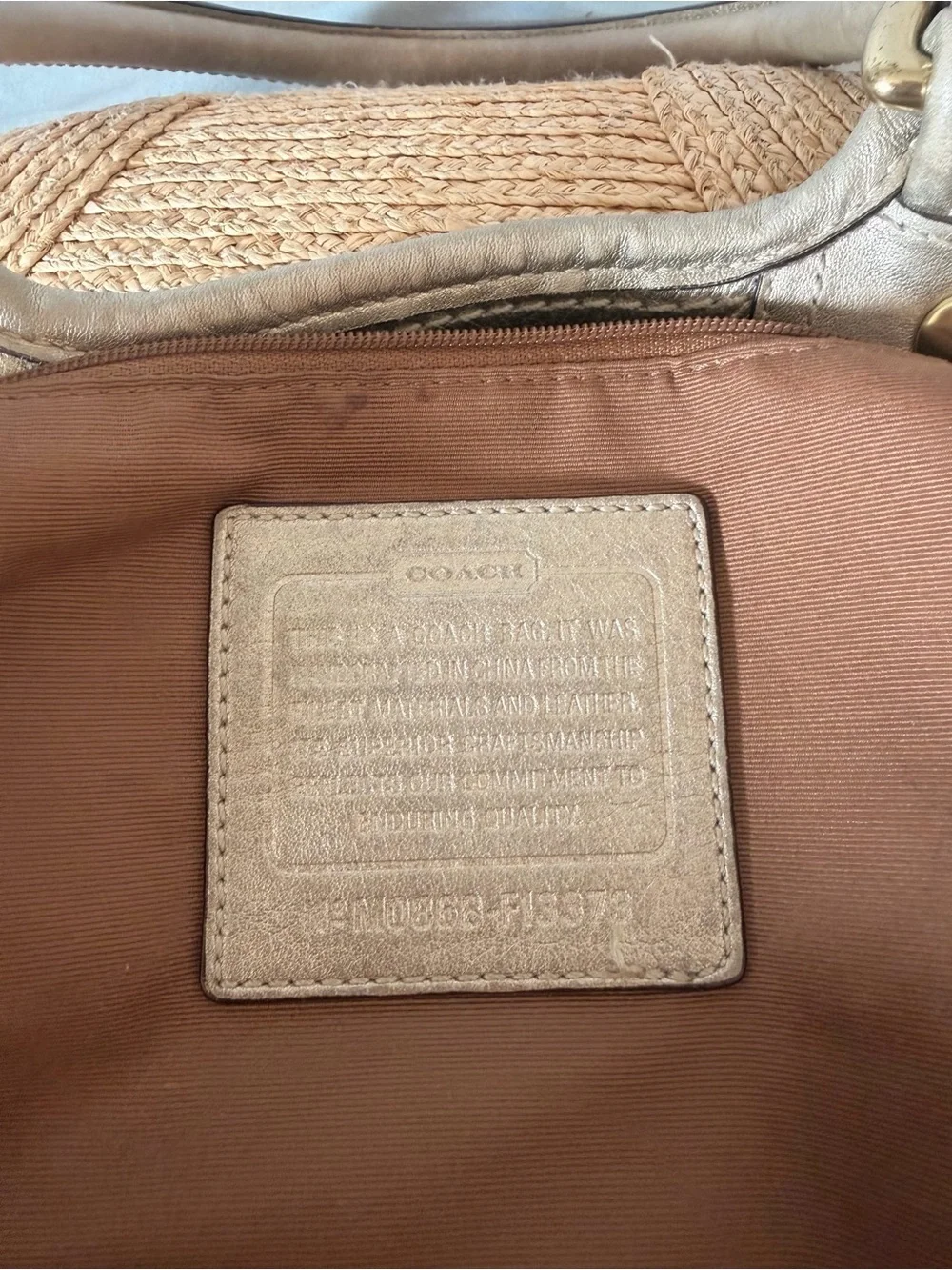 Coach Beige Straw Tote with Leather Handles and Floral Appliqué